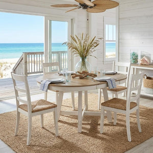 58 Inch Oval Extendable Dining Table Oak and Antiqued White Removable Leaf Cross Legs
