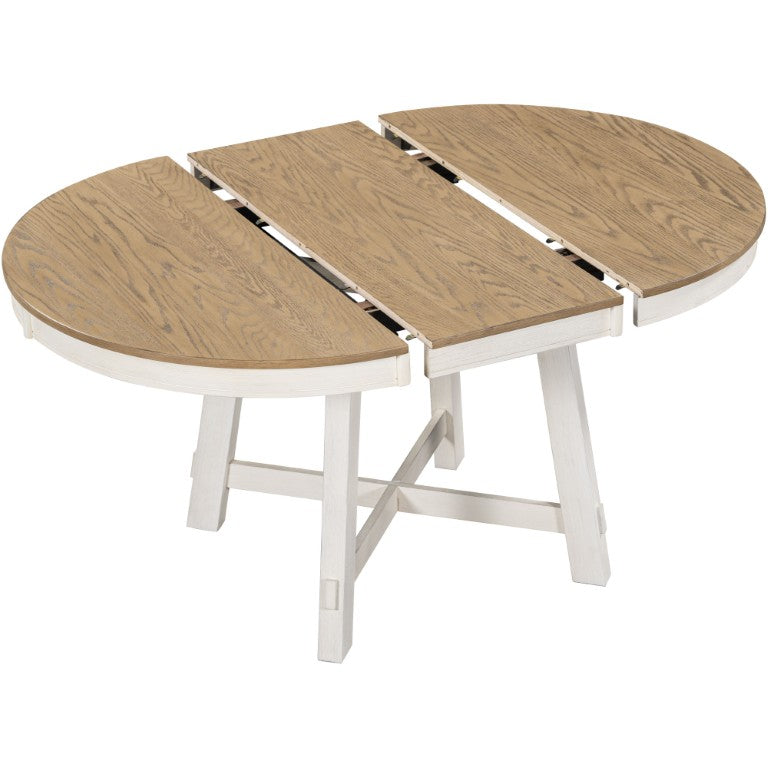 HomeRoots 58 Inch Oval Extendable Dining Table Oak and Antiqued White Removable Leaf Cross Legs 738164