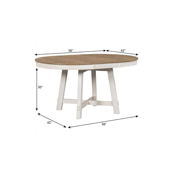 58 Inch Oval Extendable Dining Table Oak and Antiqued White Removable Leaf Cross Legs