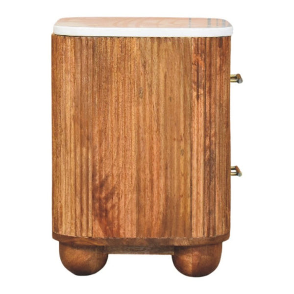 HomeRoots 19 Inch Marble Top Solid Wood Ribbed Nightstand with Two Drawers for Bedroom 738176