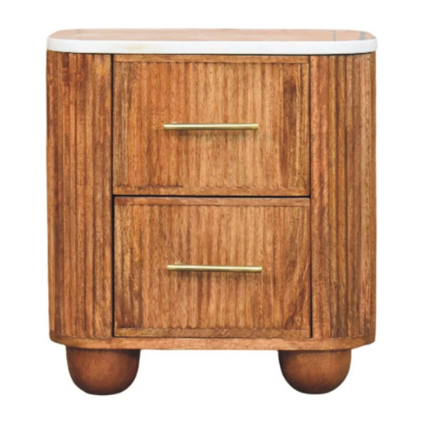 19 Inch Marble Top Solid Wood Ribbed Nightstand with Two Drawers for Bedroom
