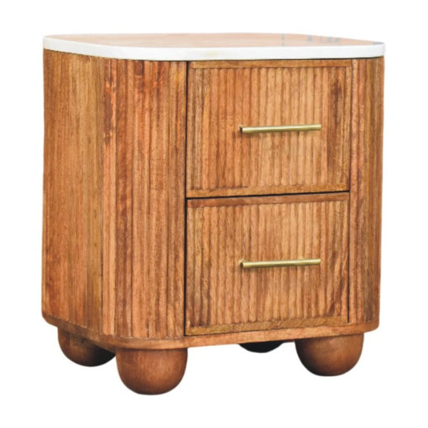19 Inch Marble Top Solid Wood Ribbed Nightstand with Two Drawers for Bedroom