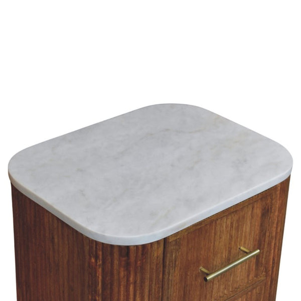 19 Inch Marble Top Solid Wood Ribbed Nightstand with Two Drawers for Bedroom