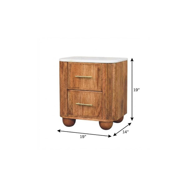 19 Inch Marble Top Solid Wood Ribbed Nightstand with Two Drawers for Bedroom