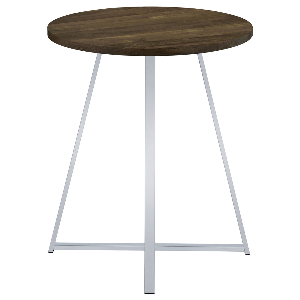 English Elm Burkhart Brown Oak 35" Round Pub Table with Flared Geometric Chrome Base — Rustic Modern Charm B062P344985