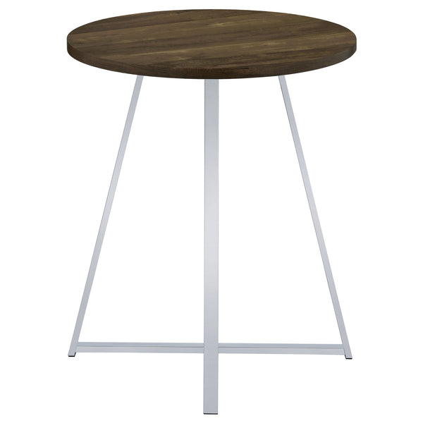 English Elm Burkhart Brown Oak 35" Round Pub Table with Flared Geometric Chrome Base — Rustic Modern Charm B062P344985
