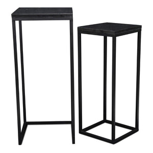 Set of 2 Marble Top Steel Frame Square Nesting Accent Tables for Modern Living Room Decor