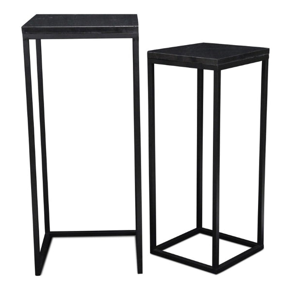 Set of 2 Marble Top Steel Frame Square Nesting Accent Tables for Modern Living Room Decor