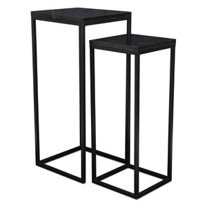 Set of 2 Marble Top Steel Frame Square Nesting Accent Tables for Modern Living Room Decor