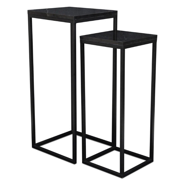 Set of 2 Marble Top Steel Frame Square Nesting Accent Tables for Modern Living Room Decor