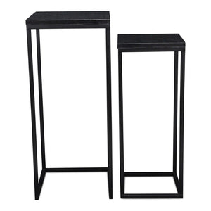 Set of 2 Marble Top Steel Frame Square Nesting Accent Tables for Modern Living Room Decor