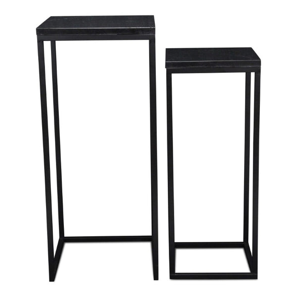 Set of 2 Marble Top Steel Frame Square Nesting Accent Tables for Modern Living Room Decor