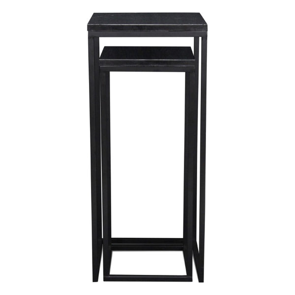 Set of 2 Marble Top Steel Frame Square Nesting Accent Tables for Modern Living Room Decor