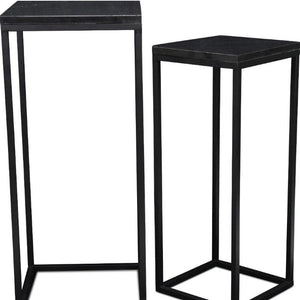 Set of 2 Marble Top Steel Frame Square Nesting Accent Tables for Modern Living Room Decor