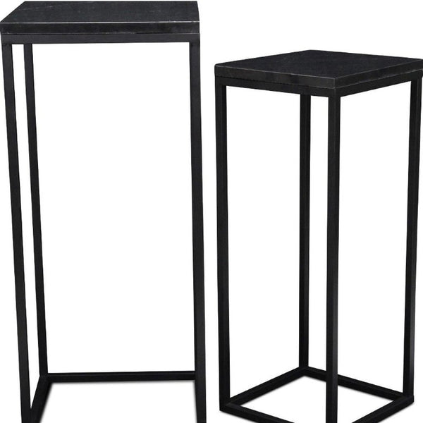 Set of 2 Marble Top Steel Frame Square Nesting Accent Tables for Modern Living Room Decor
