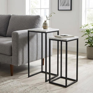 Set of 2 Marble Top Steel Frame Square Nesting Accent Tables for Modern Living Room Decor