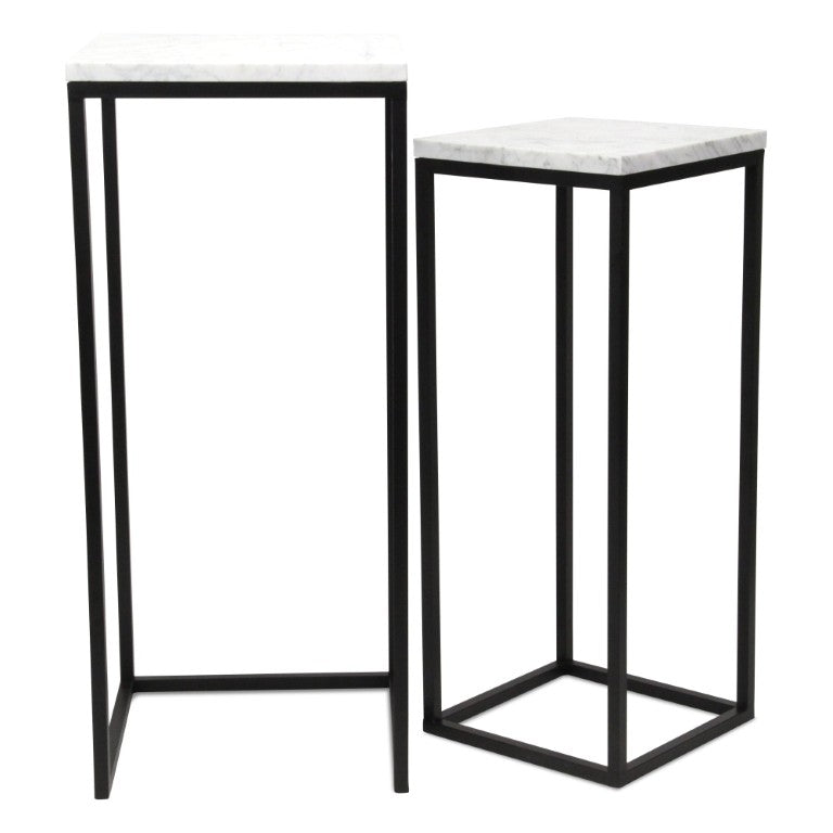 HomeRoots Set of 2 Marble Top Steel Frame Square Nesting Accent Tables for Modern Living Room Decor White / Black 738198