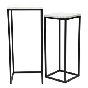 HomeRoots Set of 2 Marble Top Steel Frame Square Nesting Accent Tables for Modern Living Room Decor White / Black 738198