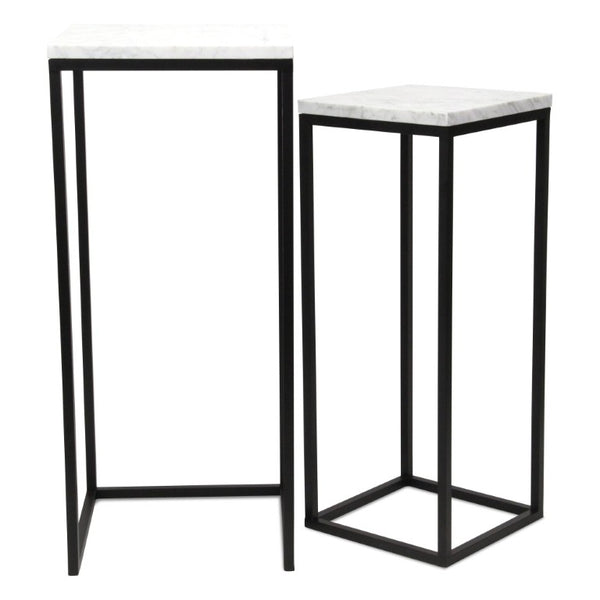 HomeRoots Set of 2 Marble Top Steel Frame Square Nesting Accent Tables for Modern Living Room Decor White / Black 738198