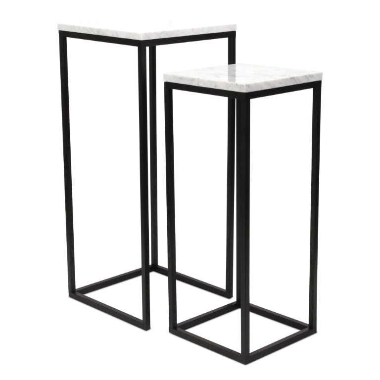 HomeRoots Set of 2 Marble Top Steel Frame Square Nesting Accent Tables for Modern Living Room Decor White / Black 738198