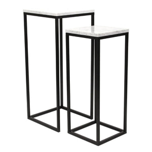 Set of 2 Marble Top Steel Frame Square Nesting Accent Tables for Modern Living Room Decor