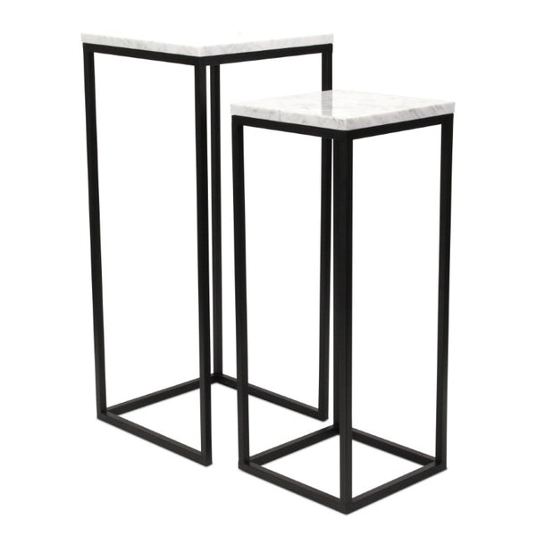 Set of 2 Marble Top Steel Frame Square Nesting Accent Tables for Modern Living Room Decor