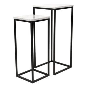 Set of 2 Marble Top Steel Frame Square Nesting Accent Tables for Modern Living Room Decor