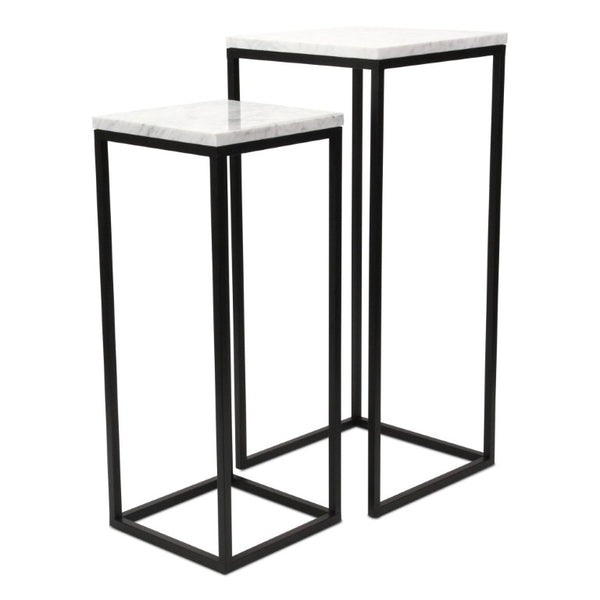 Set of 2 Marble Top Steel Frame Square Nesting Accent Tables for Modern Living Room Decor