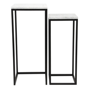 Set of 2 Marble Top Steel Frame Square Nesting Accent Tables for Modern Living Room Decor