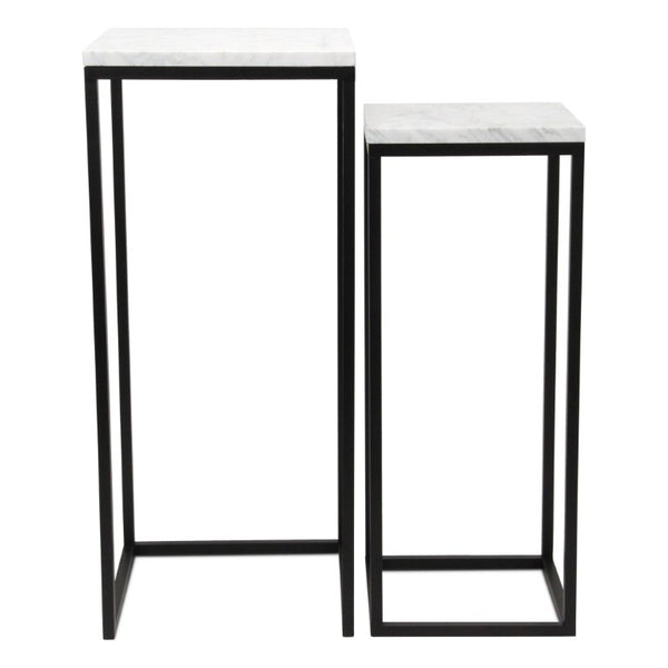 Set of 2 Marble Top Steel Frame Square Nesting Accent Tables for Modern Living Room Decor