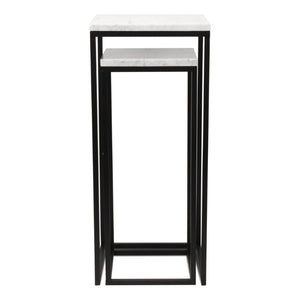 Set of 2 Marble Top Steel Frame Square Nesting Accent Tables for Modern Living Room Decor