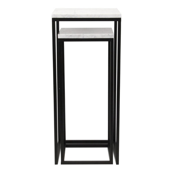 Set of 2 Marble Top Steel Frame Square Nesting Accent Tables for Modern Living Room Decor