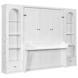 English Elm Queen Murphy Bed with Led Lighting Side Cabinets Shelving and Fold Down Desk Panel White N7090002226K-1