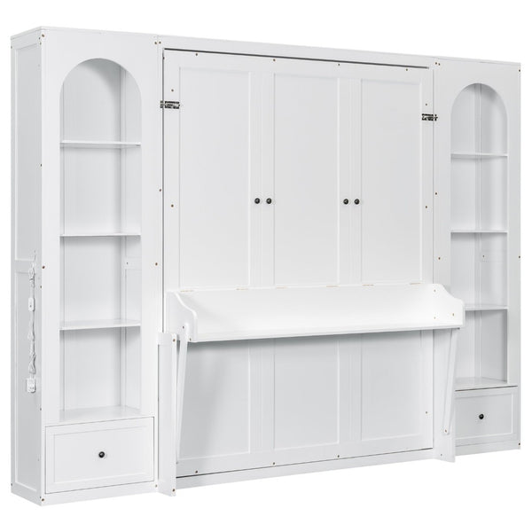 English Elm Queen Murphy Bed with Led Lighting Side Cabinets Shelving and Fold Down Desk Panel White N7090002226K-1