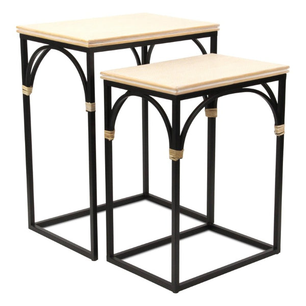 Set of Two Rustic Nesting Tables Solid Wood Steel Base Living Room Accent Duo