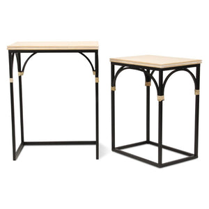 Set of Two Rustic Nesting Tables Solid Wood Steel Base Living Room Accent Duo