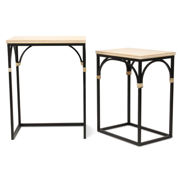 Set of Two Rustic Nesting Tables Solid Wood Steel Base Living Room Accent Duo