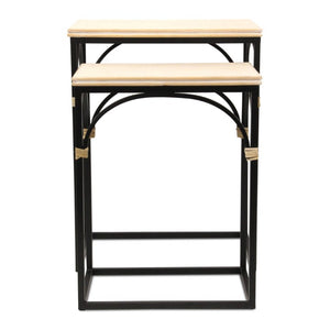 Set of Two Rustic Nesting Tables Solid Wood Steel Base Living Room Accent Duo