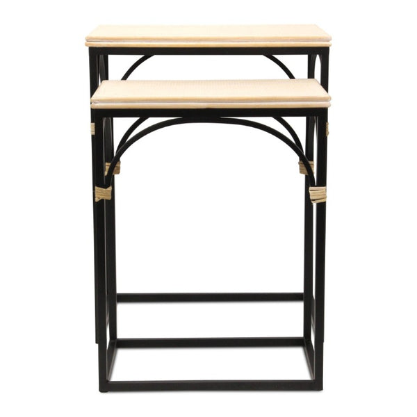 Set of Two Rustic Nesting Tables Solid Wood Steel Base Living Room Accent Duo