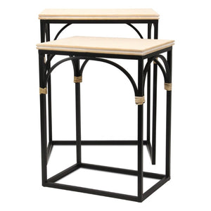 Set of Two Rustic Nesting Tables Solid Wood Steel Base Living Room Accent Duo