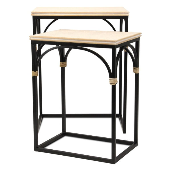 Set of Two Rustic Nesting Tables Solid Wood Steel Base Living Room Accent Duo