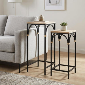 Set of Two Rustic Nesting Tables Solid Wood Steel Frame Industrial Living Room Accent