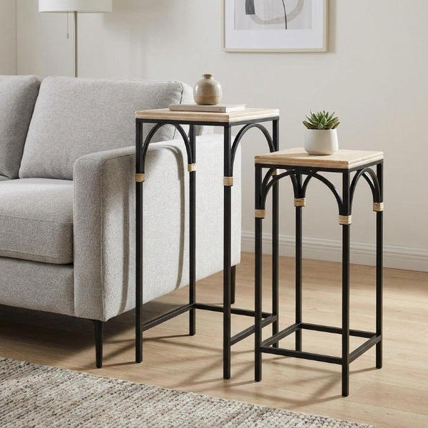 Set of Two Rustic Nesting Tables Solid Wood Steel Frame Industrial Living Room Accent