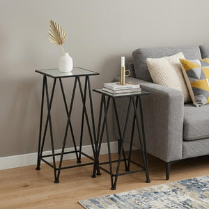 Set of Two Mirrored Glass Nesting Tables with Square Steel Frames for Glam Living Rooms