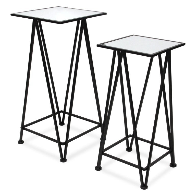 Set of Two Mirrored Glass Nesting Tables with Square Steel Frames for Glam Living Rooms