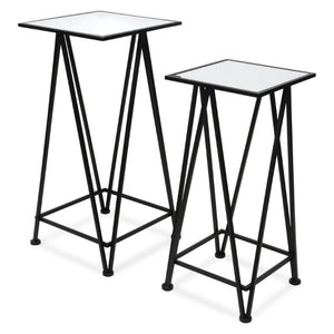 Set of Two Mirrored Glass Nesting Tables with Square Steel Frames for Glam Living Rooms
