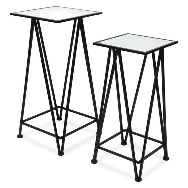 Set of Two Mirrored Glass Nesting Tables with Square Steel Frames for Glam Living Rooms