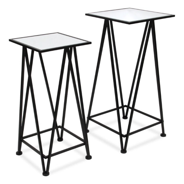 Set of Two Mirrored Glass Nesting Tables with Square Steel Frames for Glam Living Rooms