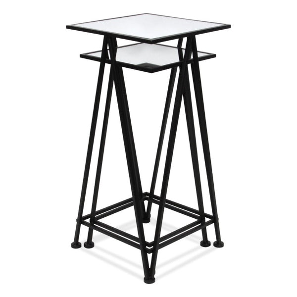 Set of Two Mirrored Glass Nesting Tables with Square Steel Frames for Glam Living Rooms