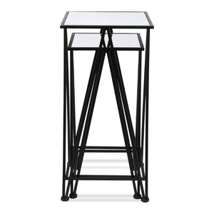 Set of Two Mirrored Glass Nesting Tables with Square Steel Frames for Glam Living Rooms